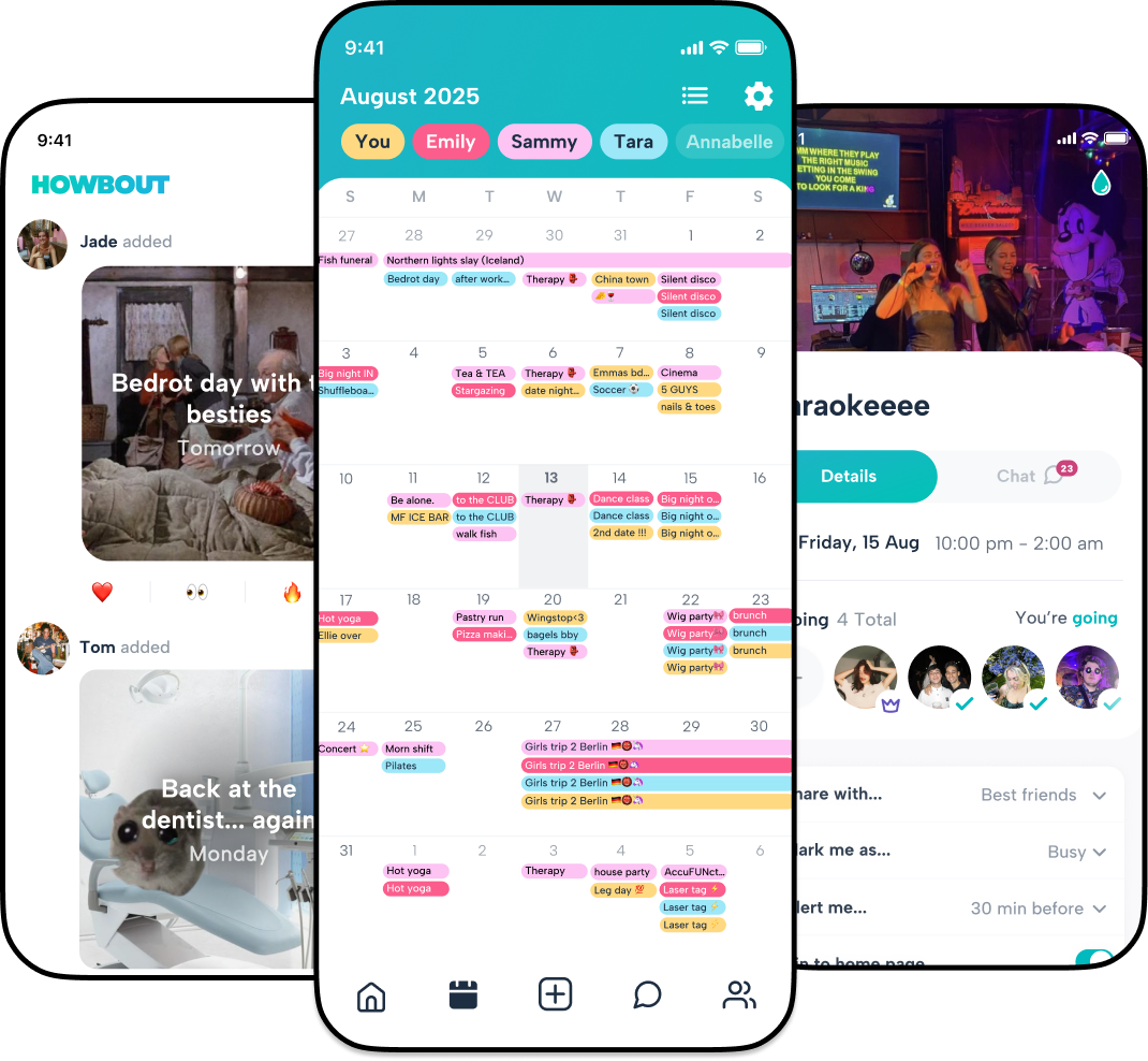 Screenshot of Howbout app showing shared calendar, social feed, and group plans, the social calendar app for live updates from Close Friends.